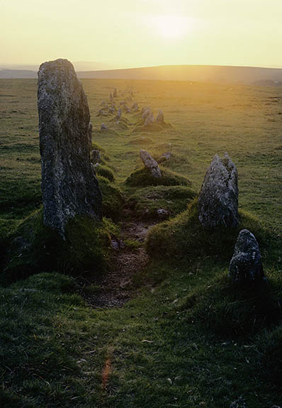 ENG: South West Region, Devon, Dartmoor National Park, Central Dartmoor, Merrivale, Prehistoric stone row at sunset. [Ask for #158.002.]