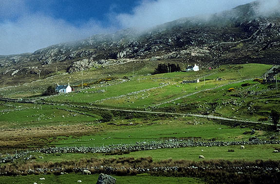SCO: Highland Region, Sutherland District, Northern Coast, Durness, Fog rolling towards mtn farms. on Beinn Ceannabeinne, [Ask for #178.010.]