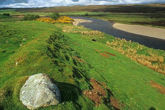SCO: Highland Region, Sutherland District, Central Moors, Strathnaver, Earthworks mark the slight remains of a village on the River Naver, destroyed by Patrick Sellars during the Strathnaver Clearances; the River Naver in bkgd. [Ask for #246.842.]