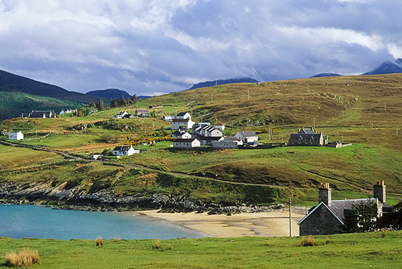 SCO: Highland Region, Sutherland District, Northern Coast, Kyle of Tongue, Talmine (crofters village), View across Talmine harbor towards village [Ask for #246.879.]