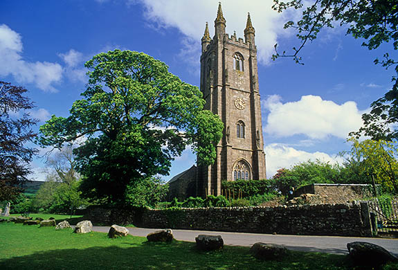 ENG: South West Region, Devon, Dartmoor National Park, Dartmoor's Southern Edge, Widecombe-in-the-Moor, The tall tower of St. Pancras Church, known as "The Cathedral of the Moor", marks the village center [Ask for #268.488.]