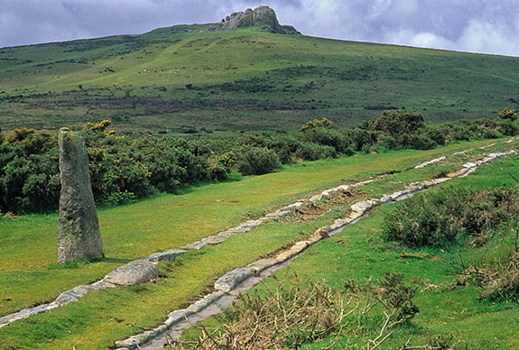 ENG: South West Region, Devon, Dartmoor National Park, Dartmoor's Southern Edge, Hay Tor, Old tramway with granite rails , c. 19th c., runs beneath the tor [Ask for #268.509.]