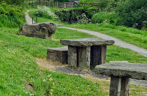 ENG: The Northwest Region, Lancashire, The Pennines, Rossendale, Stacksteads, The Irwell Sculpture Trail; sculpture picnic area on the River Irwell [Ask for #270.358.]